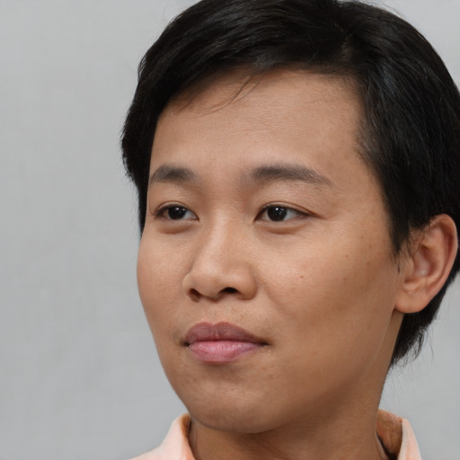 Neutral asian young-adult female with short  black hair and brown eyes