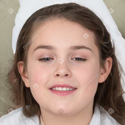 Joyful white child female with medium  brown hair and brown eyes