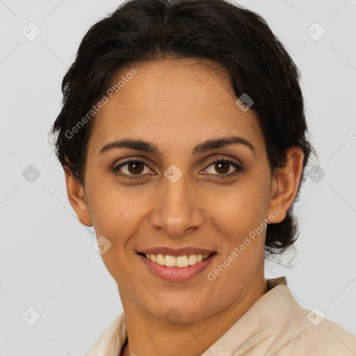 Joyful latino young-adult female with short  brown hair and brown eyes