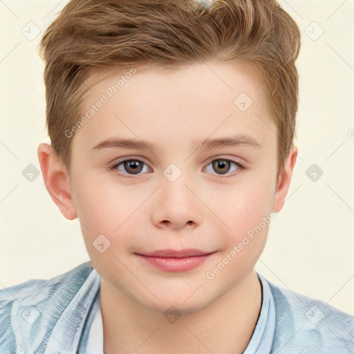 Joyful white child male with short  brown hair and brown eyes