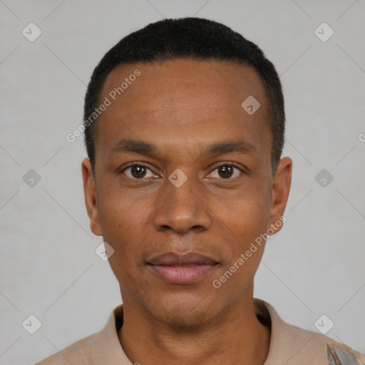 Neutral black young-adult male with short  black hair and brown eyes