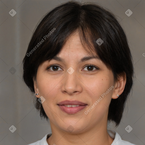 Joyful white adult female with medium  brown hair and brown eyes