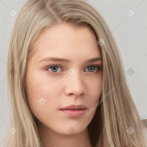 Neutral white young-adult female with long  brown hair and grey eyes