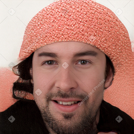 Joyful white young-adult male with short  black hair and brown eyes