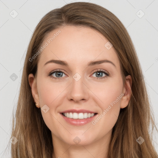 Joyful white young-adult female with long  brown hair and grey eyes