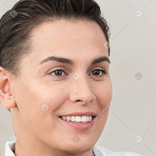 Joyful white young-adult female with short  brown hair and brown eyes