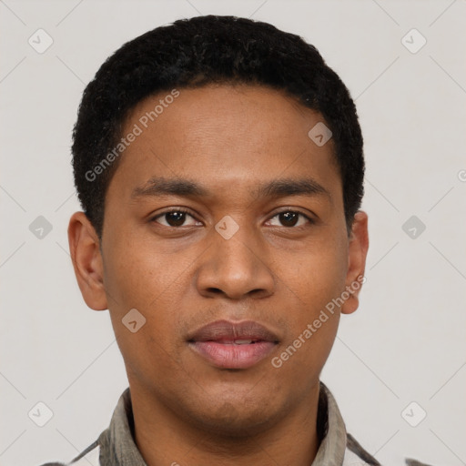 Neutral black young-adult male with short  black hair and brown eyes