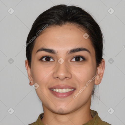 Joyful white young-adult female with medium  brown hair and brown eyes