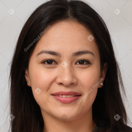 Joyful white young-adult female with long  brown hair and brown eyes