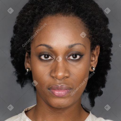 Neutral black young-adult female with short  black hair and brown eyes