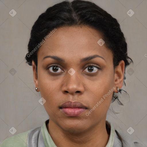 Neutral black young-adult female with short  black hair and brown eyes