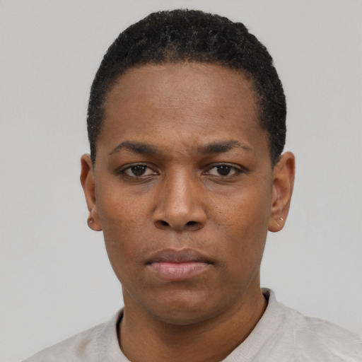 Neutral black young-adult female with short  black hair and brown eyes