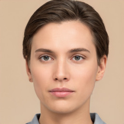 Neutral white young-adult female with short  brown hair and brown eyes