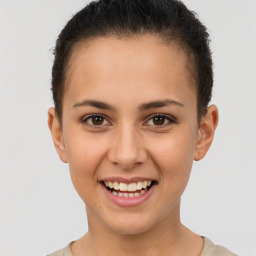 Joyful white young-adult female with short  brown hair and brown eyes