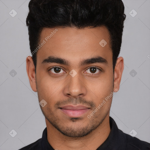 Neutral latino young-adult male with short  black hair and brown eyes