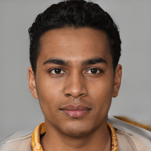 Neutral latino young-adult male with short  black hair and brown eyes