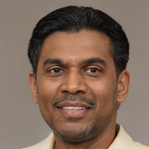 Joyful latino adult male with short  black hair and brown eyes