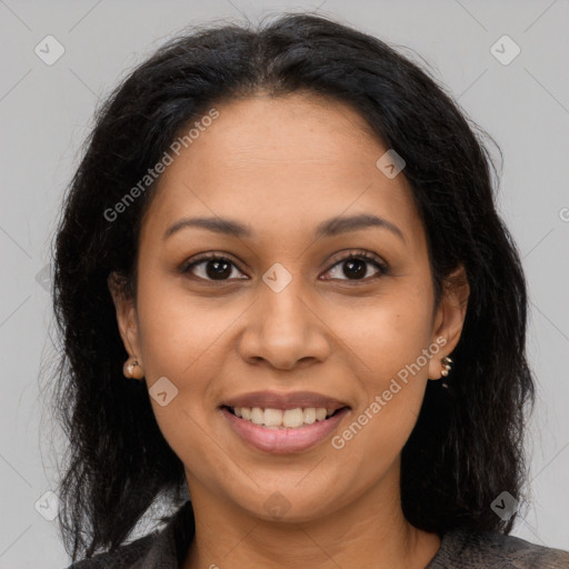 Joyful latino young-adult female with medium  brown hair and brown eyes