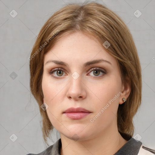 Neutral white young-adult female with medium  brown hair and grey eyes