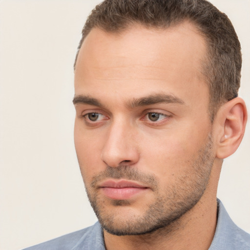 Neutral white young-adult male with short  brown hair and brown eyes