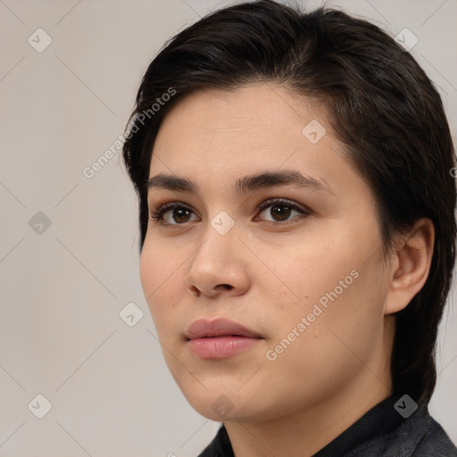 Neutral white young-adult female with short  brown hair and brown eyes