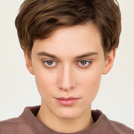 Neutral white young-adult male with short  brown hair and grey eyes