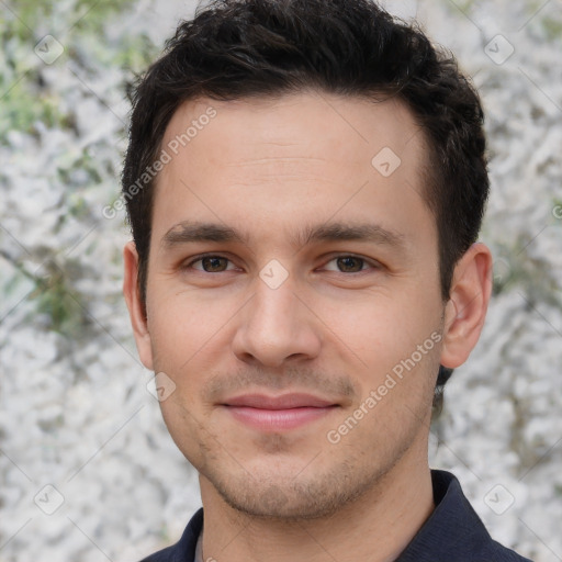 Joyful white young-adult male with short  brown hair and brown eyes