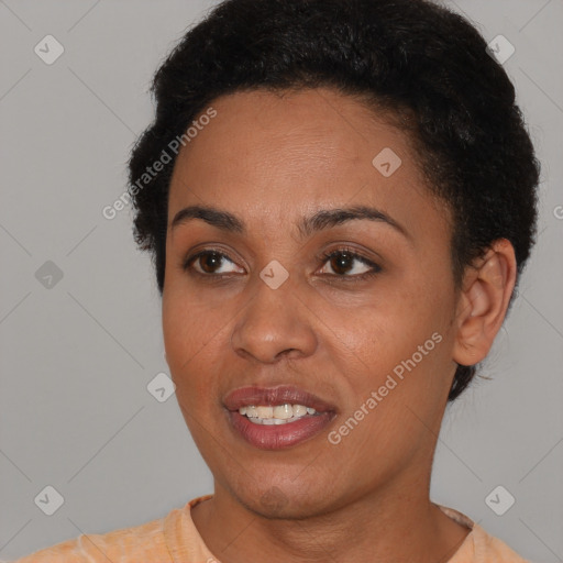 Joyful latino young-adult female with short  brown hair and brown eyes