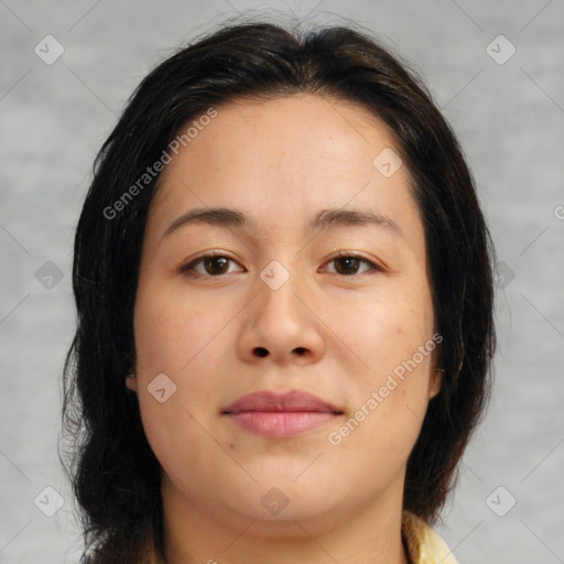 Neutral asian young-adult female with medium  brown hair and brown eyes