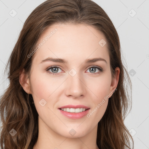 Joyful white young-adult female with long  brown hair and blue eyes