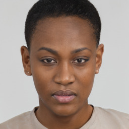 Neutral black young-adult female with short  black hair and brown eyes