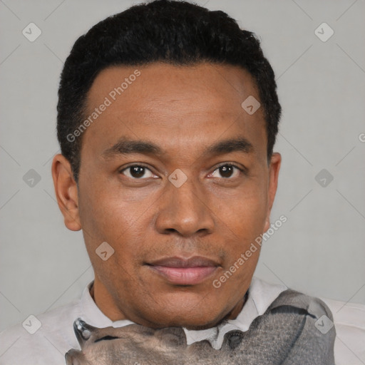 Joyful black young-adult male with short  black hair and brown eyes