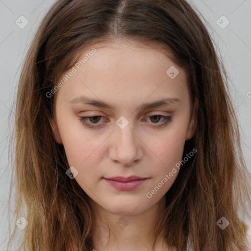 Neutral white young-adult female with long  brown hair and brown eyes