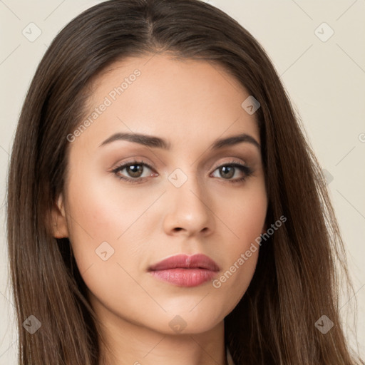 Neutral white young-adult female with long  brown hair and brown eyes