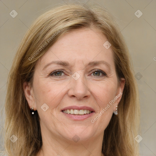 Joyful white adult female with medium  brown hair and brown eyes