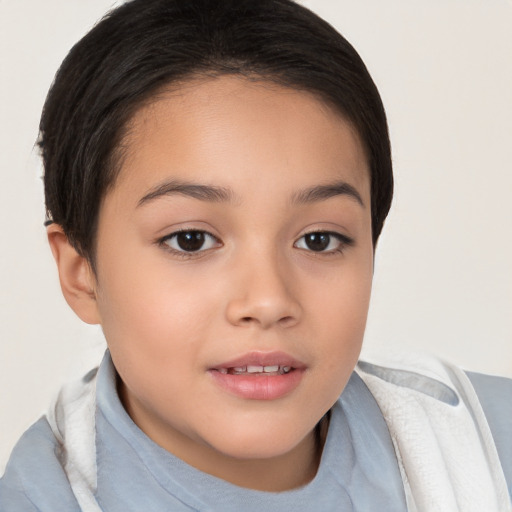 Joyful white child female with short  brown hair and brown eyes