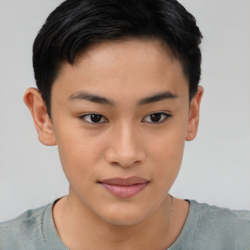 Joyful asian young-adult female with short  brown hair and brown eyes