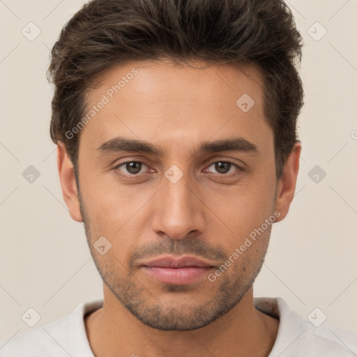 Neutral white young-adult male with short  brown hair and brown eyes