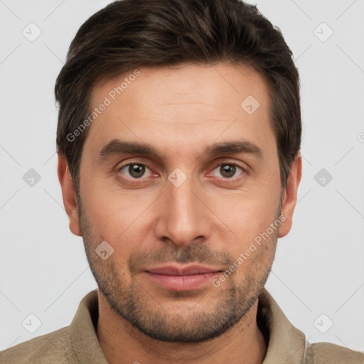 Joyful white young-adult male with short  brown hair and brown eyes