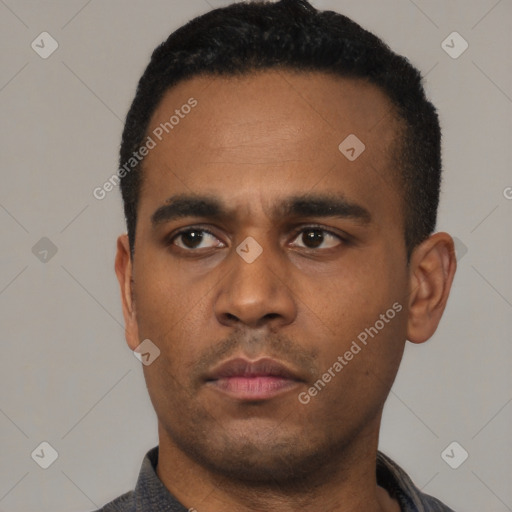 Neutral latino young-adult male with short  black hair and brown eyes