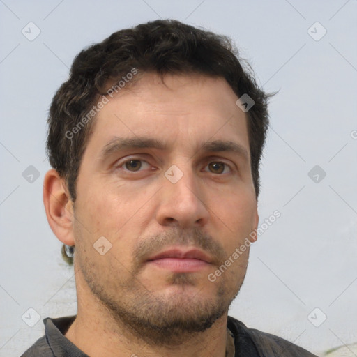 Neutral white adult male with short  brown hair and brown eyes