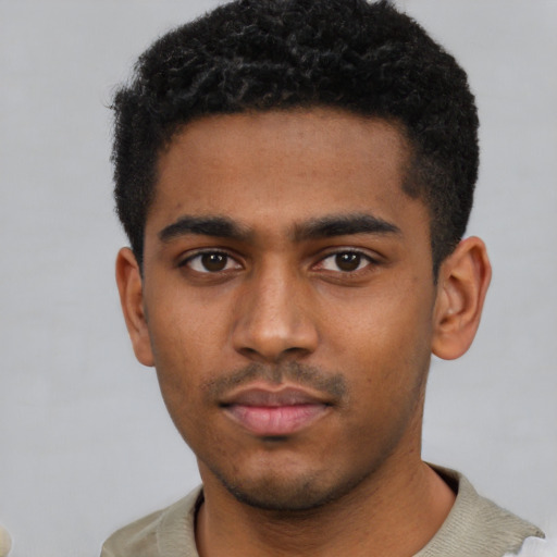 Neutral black young-adult male with short  black hair and brown eyes