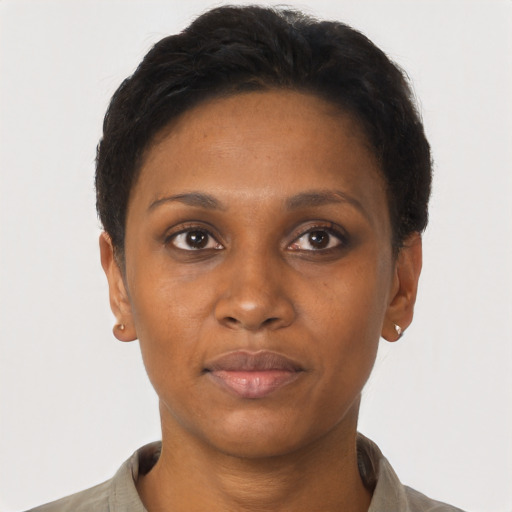 Neutral black young-adult female with short  brown hair and brown eyes