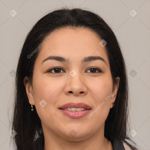 Joyful latino young-adult female with medium  brown hair and brown eyes