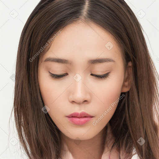 Neutral white young-adult female with long  brown hair and brown eyes