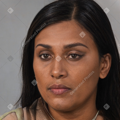 Neutral asian young-adult female with long  brown hair and brown eyes