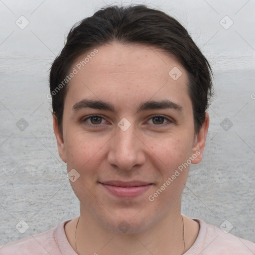 Joyful white young-adult male with short  brown hair and brown eyes