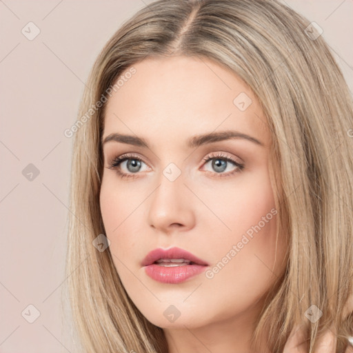 Neutral white young-adult female with long  brown hair and brown eyes