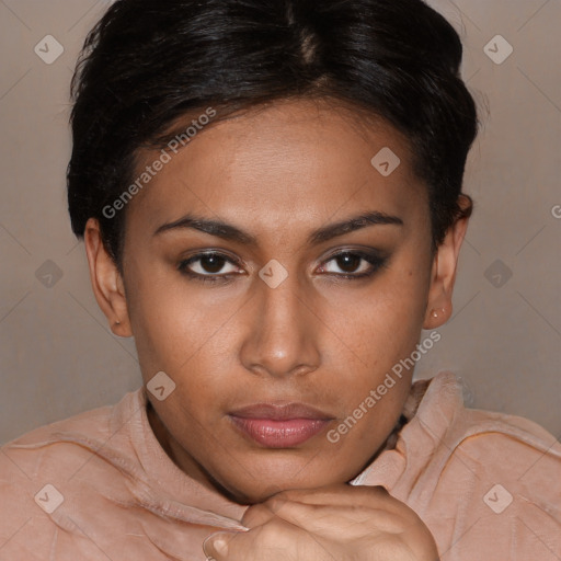 Neutral latino young-adult female with short  brown hair and brown eyes