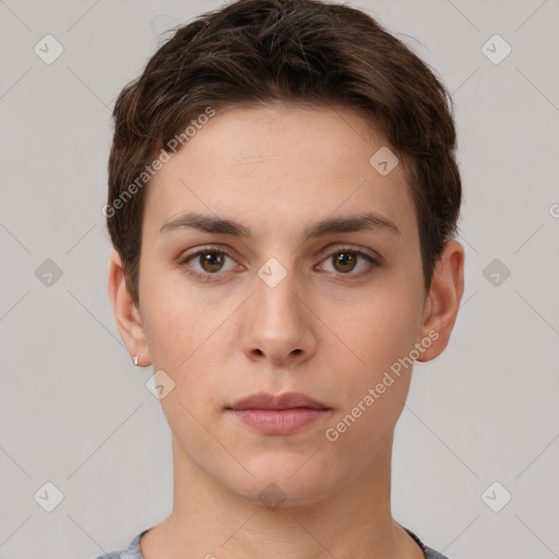 Neutral white young-adult female with short  brown hair and brown eyes